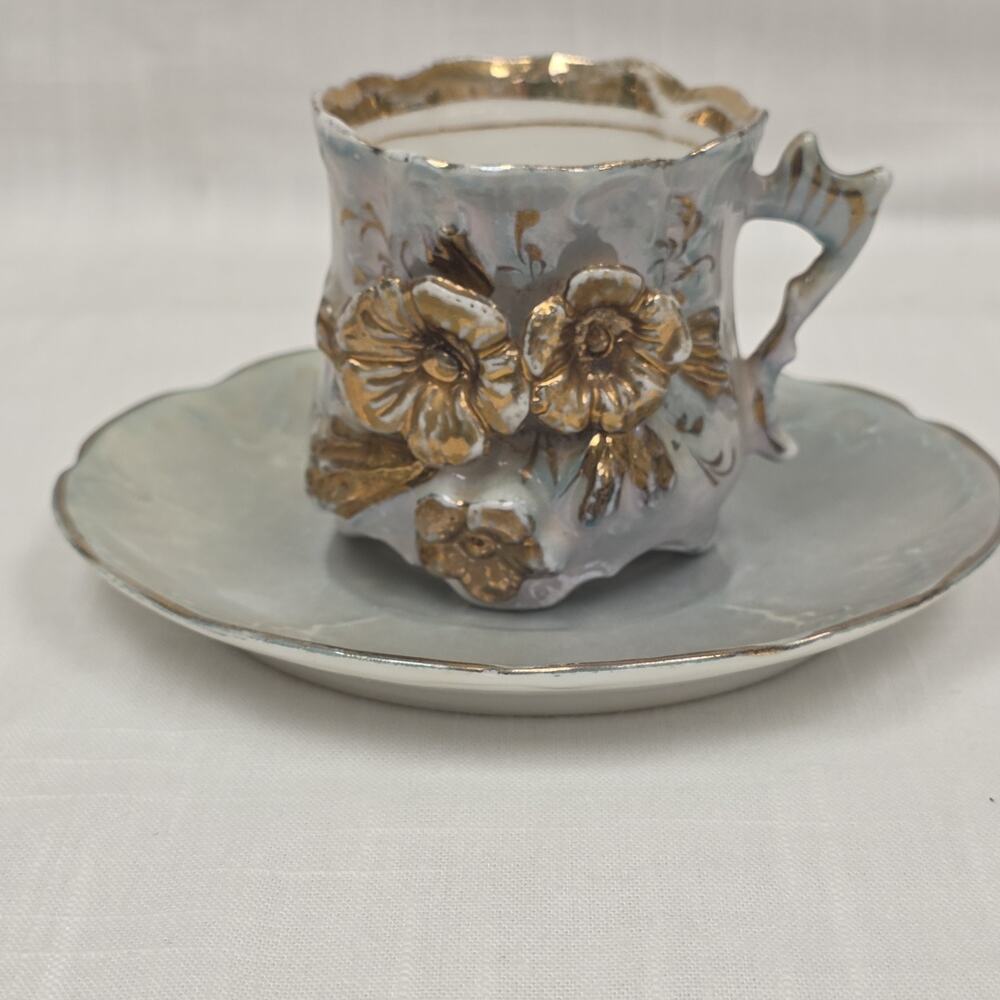 Antique Style Porcelain Demitasse Cup Saucer Applied Floral Gold Gilt Raised Flo